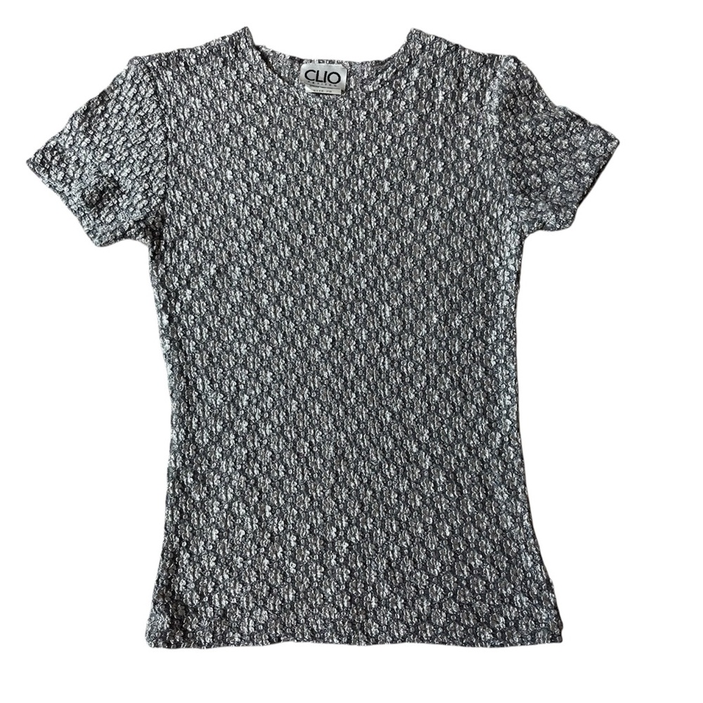 VINTAGE 90S Y2K CLEO PETITES METALLIC SILVER FLORAL SHORT SLEEVE TOP SMALL